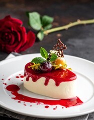 Elegant dinner plate with refined dessert and red rose, fine dining Valentine’s Day concept
