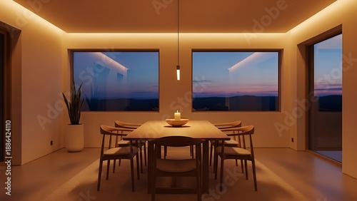 Wallpaper Mural Modern Dining Room with Ambient Lighting and Scenic Sunset Views. Torontodigital.ca