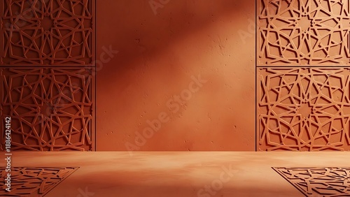 Warm Terracotta Islamic Patterned Wall and Floor with Sunlight.