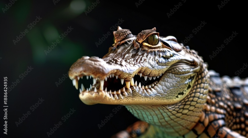 Fototapeta premium Majestic Close-up of a Crocodile Displaying Sharp Teeth and Detailed Scales with Intense Eyes Against a Dark Background