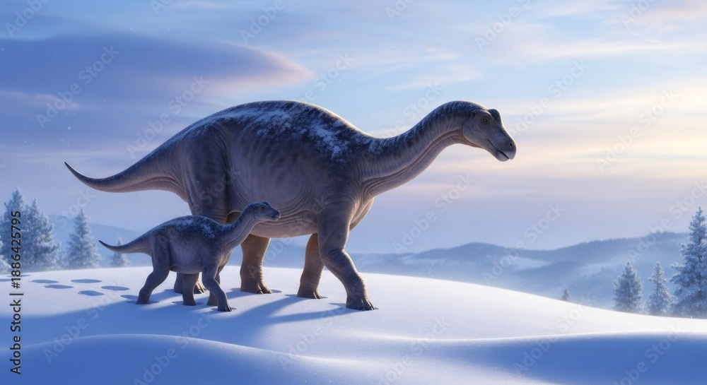 Fototapeta premium Sauropod dinosaurs, adult and young, walk in a snowy ice age landscape. Prehistoric life, paleontology, and natural history concept.