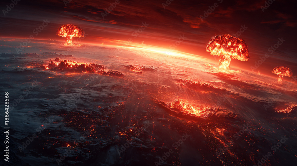 Obraz premium Conceptual Fantasy Global Nuclear Apocalypse, Earth from Space with Explosions, Mushroom Clouds, Burning Cities