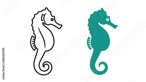 Collection of two stylized seahorse icons one featuring a clean black outline and the other a solid vibrant teal silhouette representing aquatic life design elements