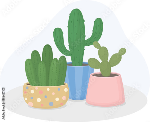 Still life illustration with cacti in ceramic pots. Cute composition with houseplants