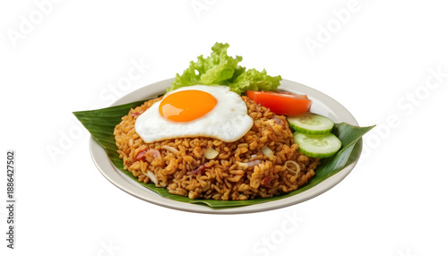 Nasi Goreng with a sunny side up egg served on a banana leaf.