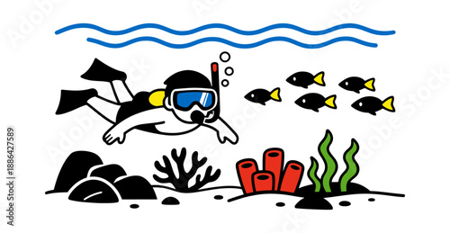 Simple line art illustration of a diver depicting marine life exploration for summer travel concepts