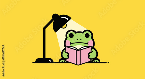 Cartoon frog reading under lamp