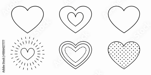 A collection of simple black and white heart shapes and designs