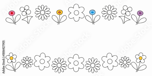 A simple line of sketched flowers with colorful centers repeated below