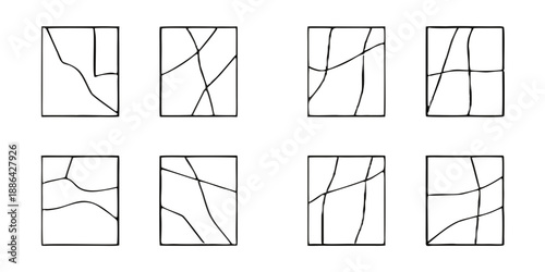 A series of rectangular windows with fractured or broken glass patterns