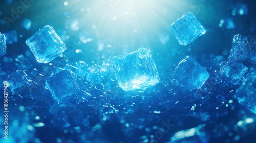 Floating ice cubes with bright light and blue tones create a refreshing and cool atmosphere