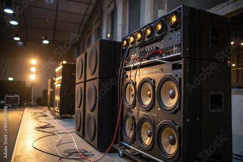 A group of speakers are on display in a room