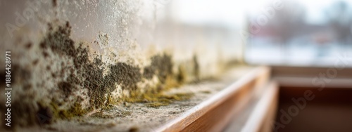 Mold growth on window sill in a building affecting indoor environment and air quality during daytime