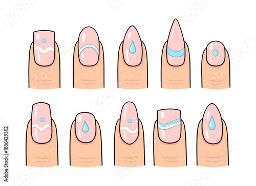 Hand drawn cartoon nail art designs set featuring various shapes and simple patterns for beauty and fashion promotions