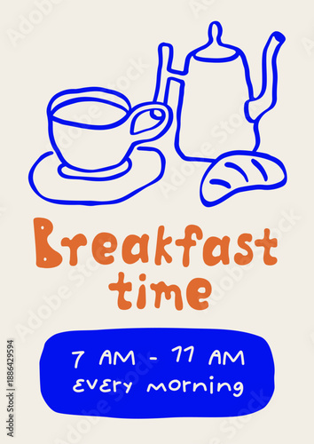 Breakfast poster design. Promotion flyer template with hand-drawn doodle scri...