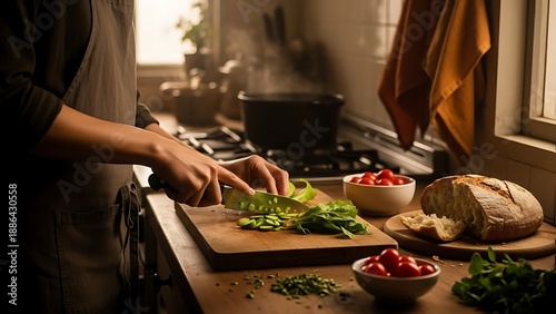 Wallpaper Mural Person chopping fresh vegetables on a wooden cutting board in a cozy kitchen setting. Torontodigital.ca