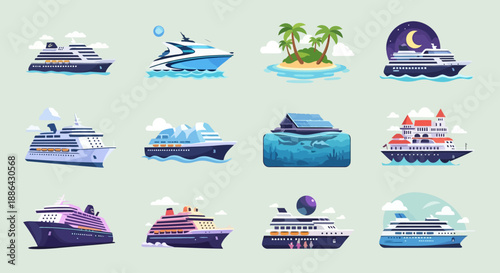 Creative Cruise Ship Icon Pack – 15 Colorful Maritime Scenes in 4K