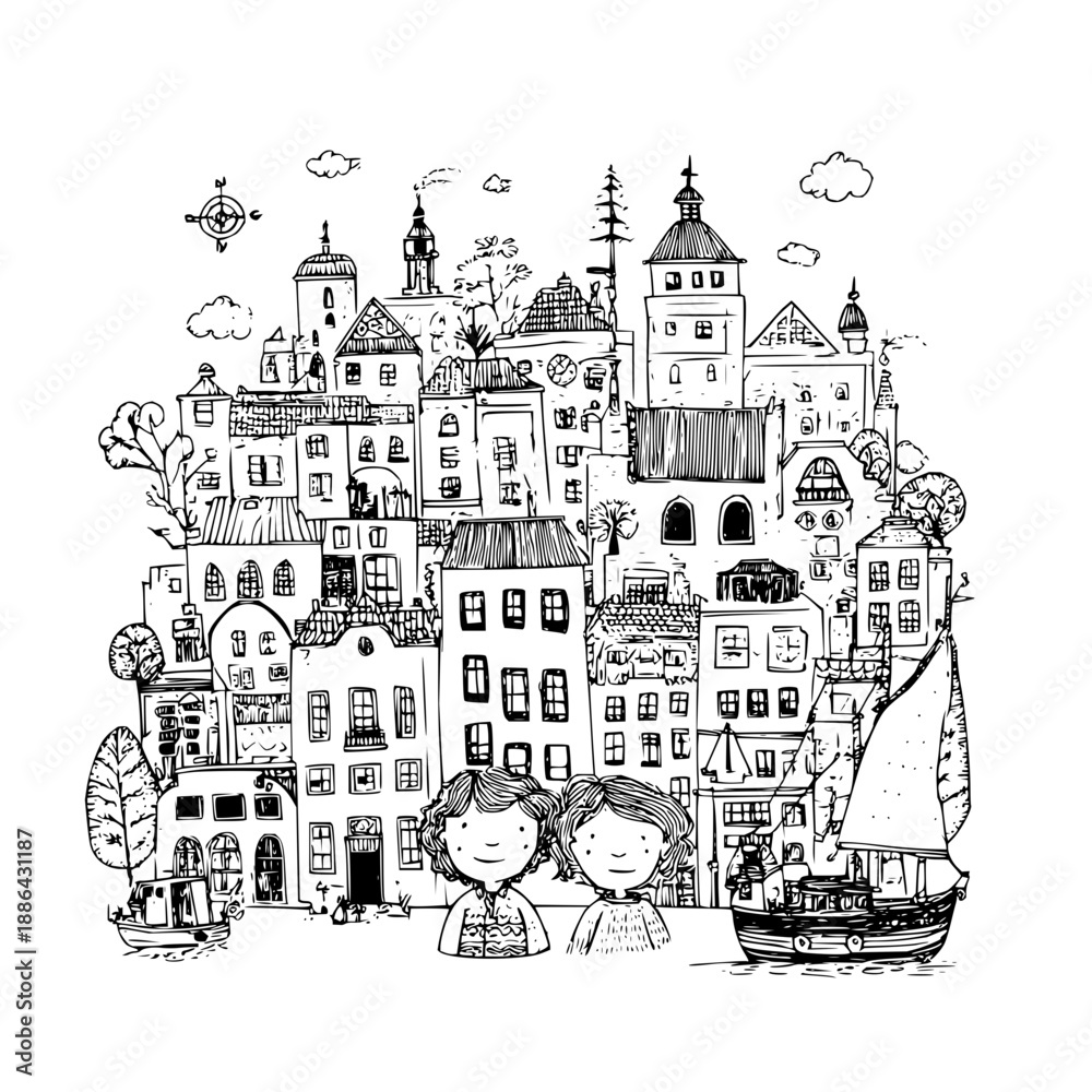 Obraz premium Fantasy village illustration with compact stone forms in detailed hand drawn black and white line art