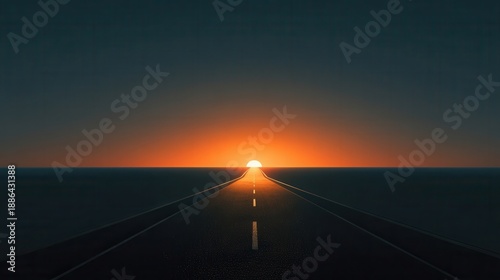 A vast road stretches toward a vibrant sunset, blending orange and blue hues, creating a serene and captivating horizon.