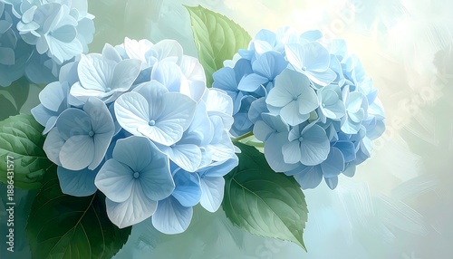 Soft painting of light blue hydrangea blooms with gentle green leaves against a muted, blended background