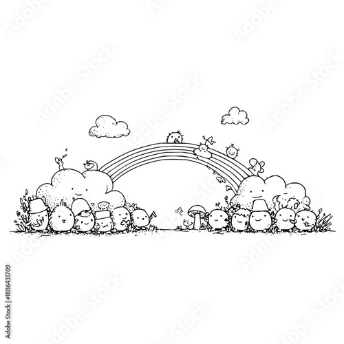 Minimal fantasy landscape illustration with sparse trees and open sky in hand drawn black and white line art