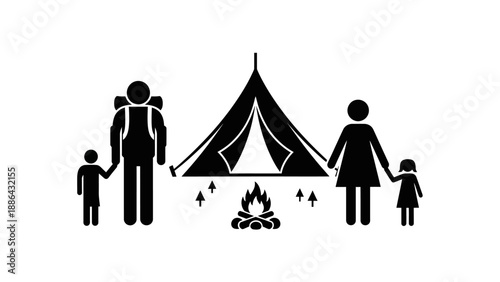 Family Camping Trip Icon with Tent and Campfire.