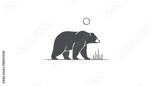 Stylized silhouette of a bear walking under a moon.