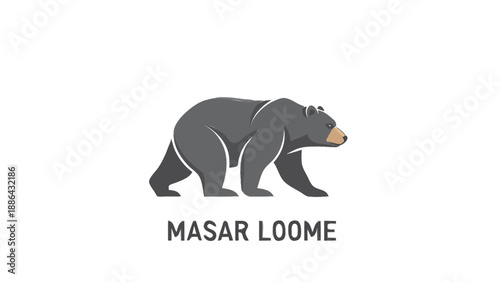 Stylized illustration of a walking bear with text below.