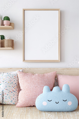 Vertical wooden frame mockup for kids wall decor, blank frame in minimalist children’s room, soft daylight, clean commercial stock photo with single focal point.