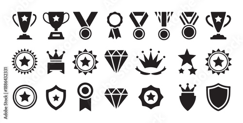 Achievement badge collection with medals trophies stars and crowns for business or game rewards and rankings