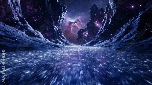 Stunning Cosmic Fantasy Landscape with Glowing Starry River and Alien Rock Formations Under a Nebula-Filled Galaxy Sky