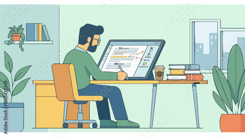 Author Editing Manuscript
A flat vector illustration of an author editing a manuscript on a laptop or tablet. Text blocks and editing icons visible. Flat vector style, focused writing process.