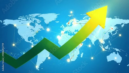 Global Business Growth and Economic Progress Illustrated by Upward Arrow on World Map with Network Connections