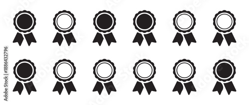 Premium quality badge silhouettes with various ribbon styles for product certification and award recognition