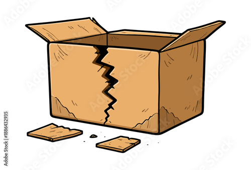 Hand drawn cartoon illustration of a broken cardboard box depicting damage and fallen pieces for shipping and delivery issues