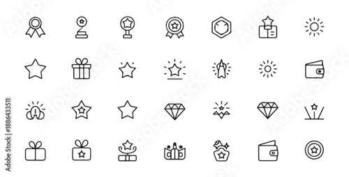 Minimalist reward and game achievement line icons set including stars medals gift boxes wallets and diamonds