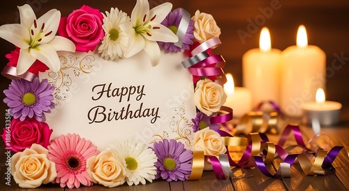 Happy birthday greeting card with flowers and candles, festive and celebratory atmosphere