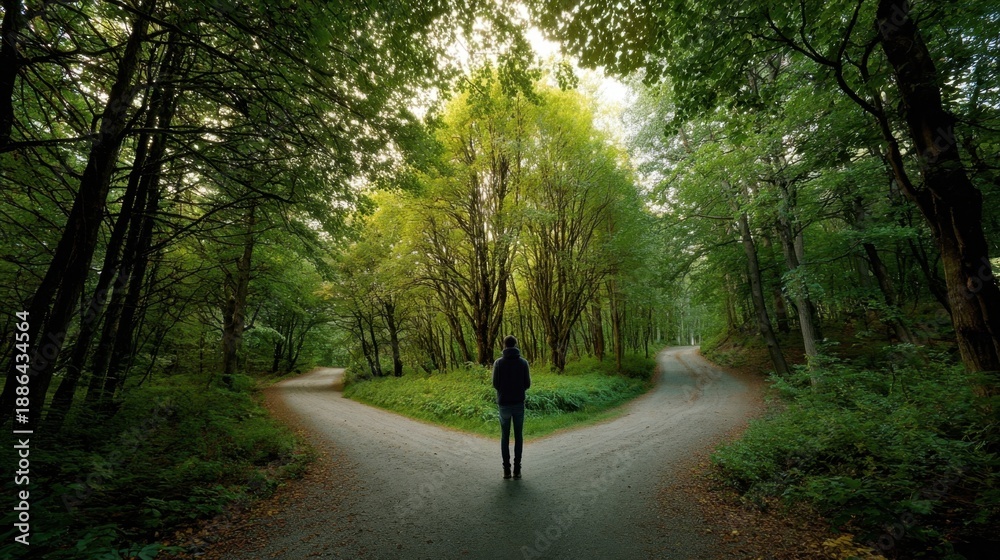 Fototapeta premium A person stands at a fork in a forest path, surrounded by lush greenery, contemplating which direction to take.