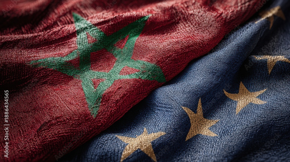 Fototapeta premium Morocco and European Union flags overlapping on fabric showing colors and symbols of both regions