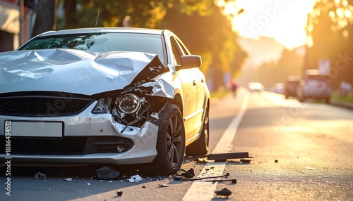 Damaged car after a traffic accident on the road.