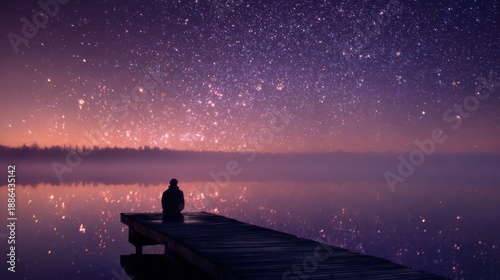 A person sits on a pier under a starry night sky, reflecting on serene waters, creating a peaceful and contemplative atmosphere.