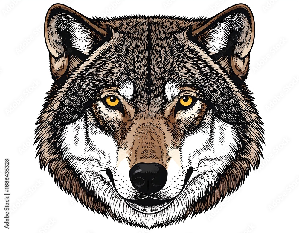 Obraz premium Detailed Wolf Head Illustration with Intense Gaze and Realistic Fur Texture.