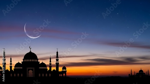 Wallpaper Mural Ramadan Kareem - Mosque Silhouette with Crescent Moon at Sunset. Torontodigital.ca
