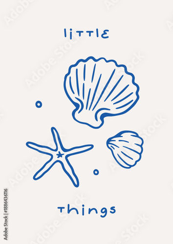 Dolce vita card. Seashells and starfish, coastal sea shells, poster, sketch drawing, Italian outline design. Summer holiday postcard in doodle hand-drawn scribble style. Flat vector illustration