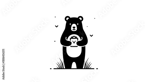 Cute black bear holding a honey pot illustration.
