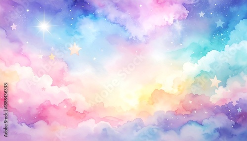 Soft pastel-colored clouds with sparkling stars and a bright light glow form a heavenly ethereal backdrop