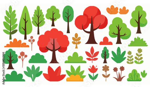 Stylized cartoon green trees and bushes vector set for 2D design