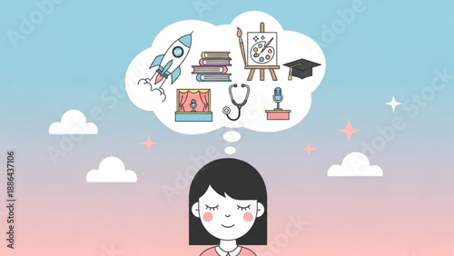 Young girl dreaming of future career possibilities including science art and education illustrated in a flat minimalist style with a soft gradient background