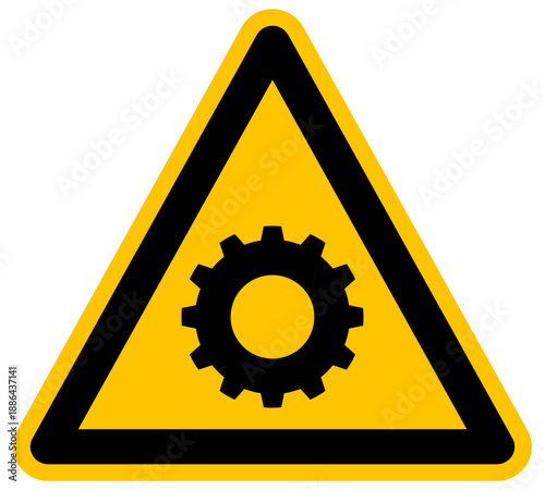 Señal de advertencia amarilla con icono de engranaje mecánico industrial vector