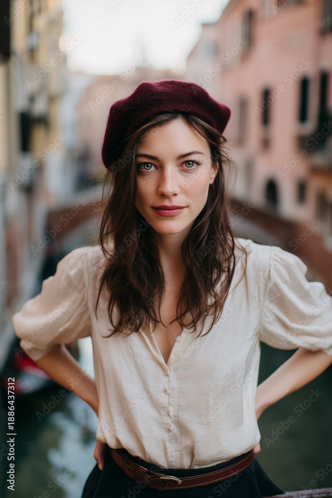 Fototapeta premium Stylish woman in a white blouse and maroon beret, posing confidently in a quaint, European city street.